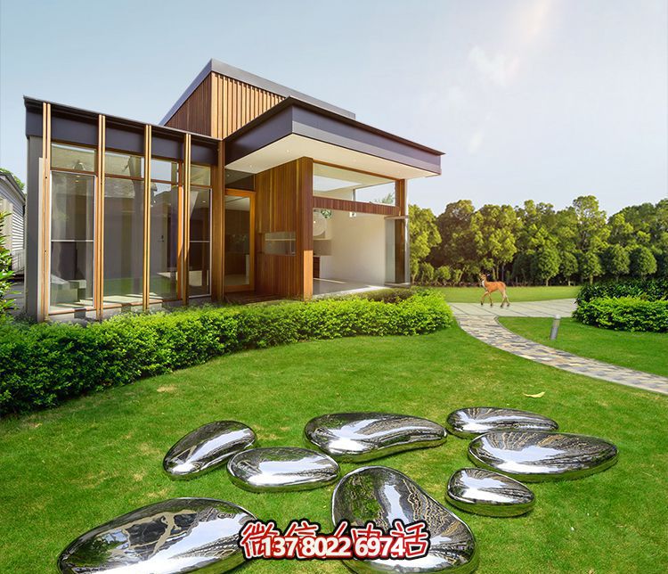 高端室內(nèi)草坪裝飾，不銹鋼雕塑鏡面石頭安放