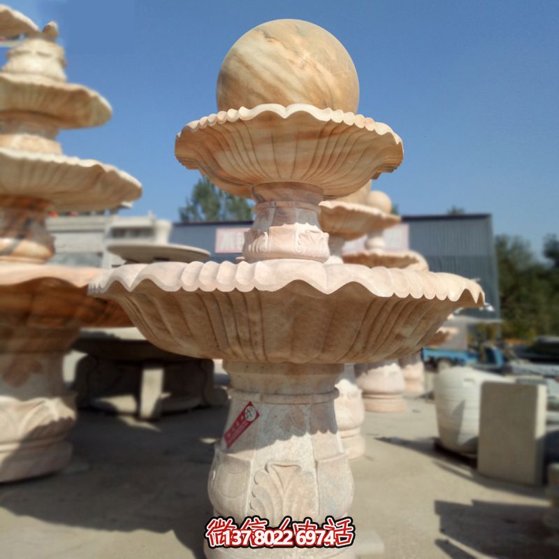 私家庭院風水紅景觀，點綴晚霞夢幻雕塑噴泉