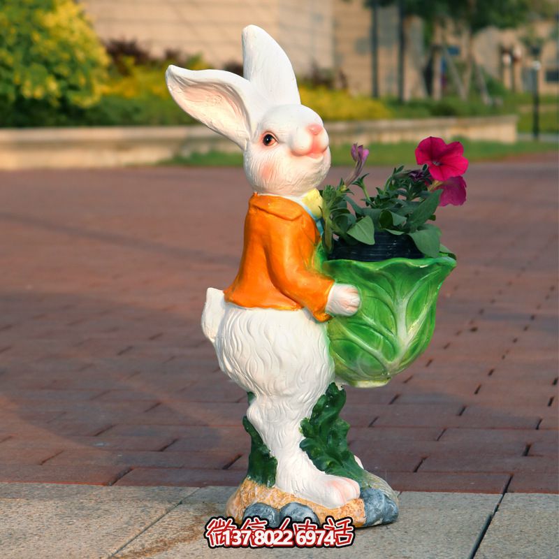 可愛(ài)卡通兔子抱花盆樹脂雕塑 可愛(ài)卡通兔子抱花盆樹脂雕塑